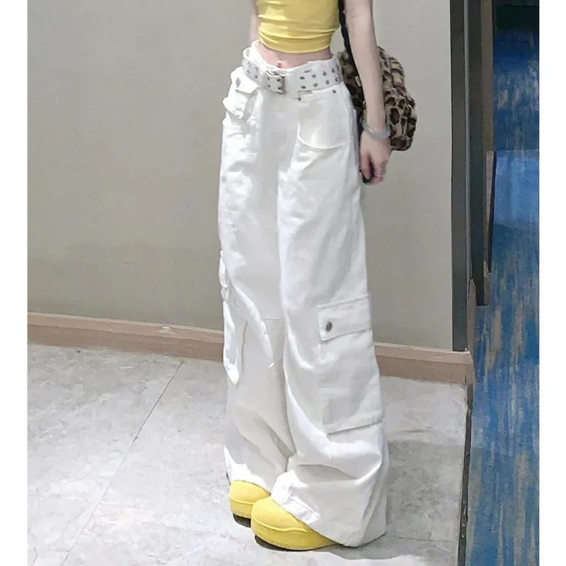 

Streetwear White Cargo Pants Women Loose Wide Leg Pant Winter Fashion Solid High Street Multiple Pockets Trousers Trendy Outwear