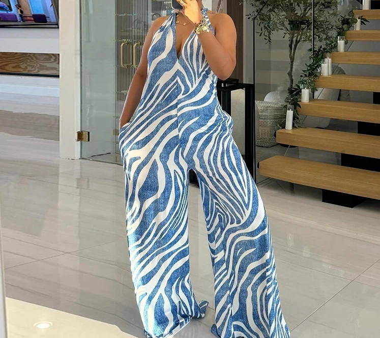 

Women's Jumpsuit Summer Elegant Stripe Tie Dye Print Halter Tie Details V-neck Sleeveless Backless High Waist Wide Leg Jumpsuit