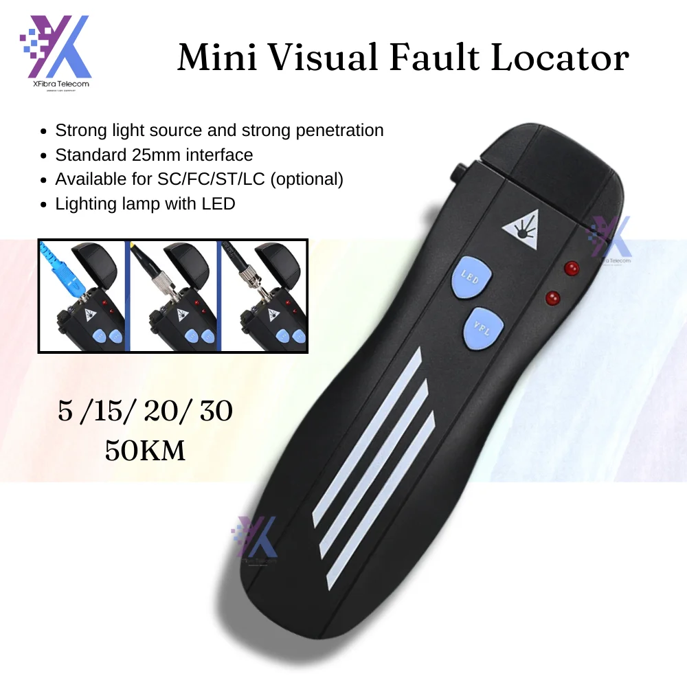 

High Quality Rechargeable Laser Source Fiber Optic Cable Tester 5 15 20 30 50KM Lithium Battery Visual Fault Locator SC/FC/ST