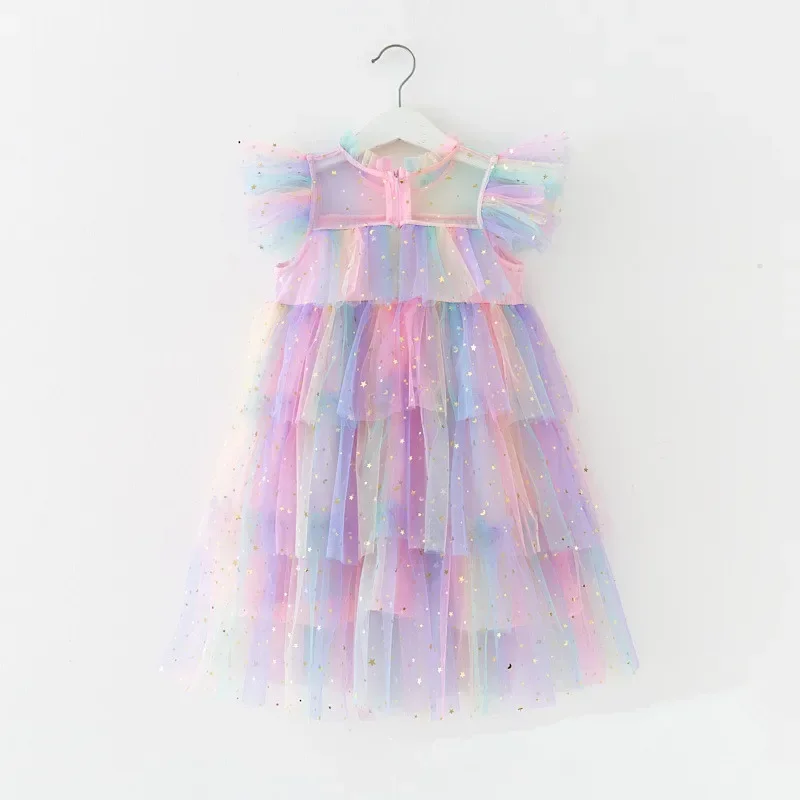 2024 New Girls Clothes Fashion Stars Sequins Mesh Cake Puffy Girls Dress Party Princess Sweet Gown Baby Dresses Summer Vestidos