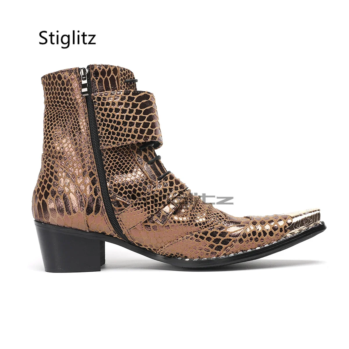 

High Heels Men's Boots Genuine Cowhide Shoes British Pointed Metal Toe Leather Ankle Side Zip Belt Buckles Chelsea Boots