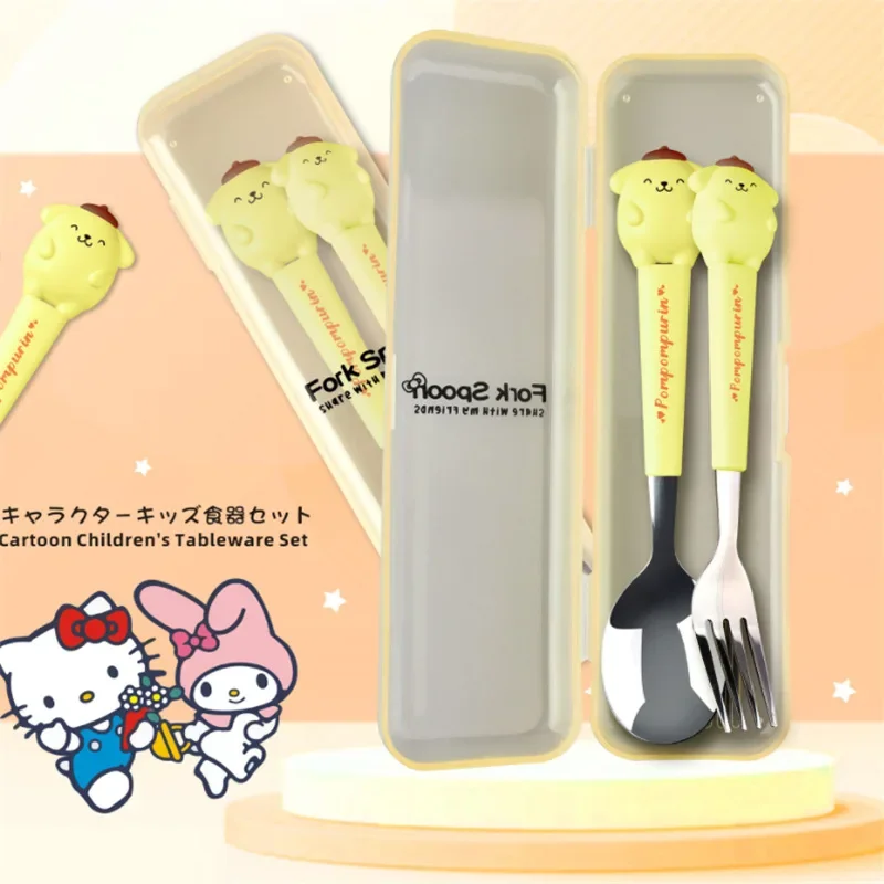 Children Tableware Hello Kitty Melody Kuromi Silicone Handle Tableware Two-piece Set Cinnamoroll Fork Spoon Kids Gifts image 6
