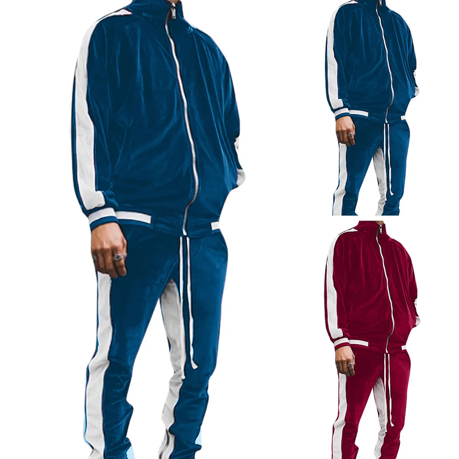 New 2024 Spring Autumn Men\'s Velvet Sets Sports Suit Stand Collar Zipper Sweatshirt + Pants 2Pcs Sets Velour Tracksuits For Men