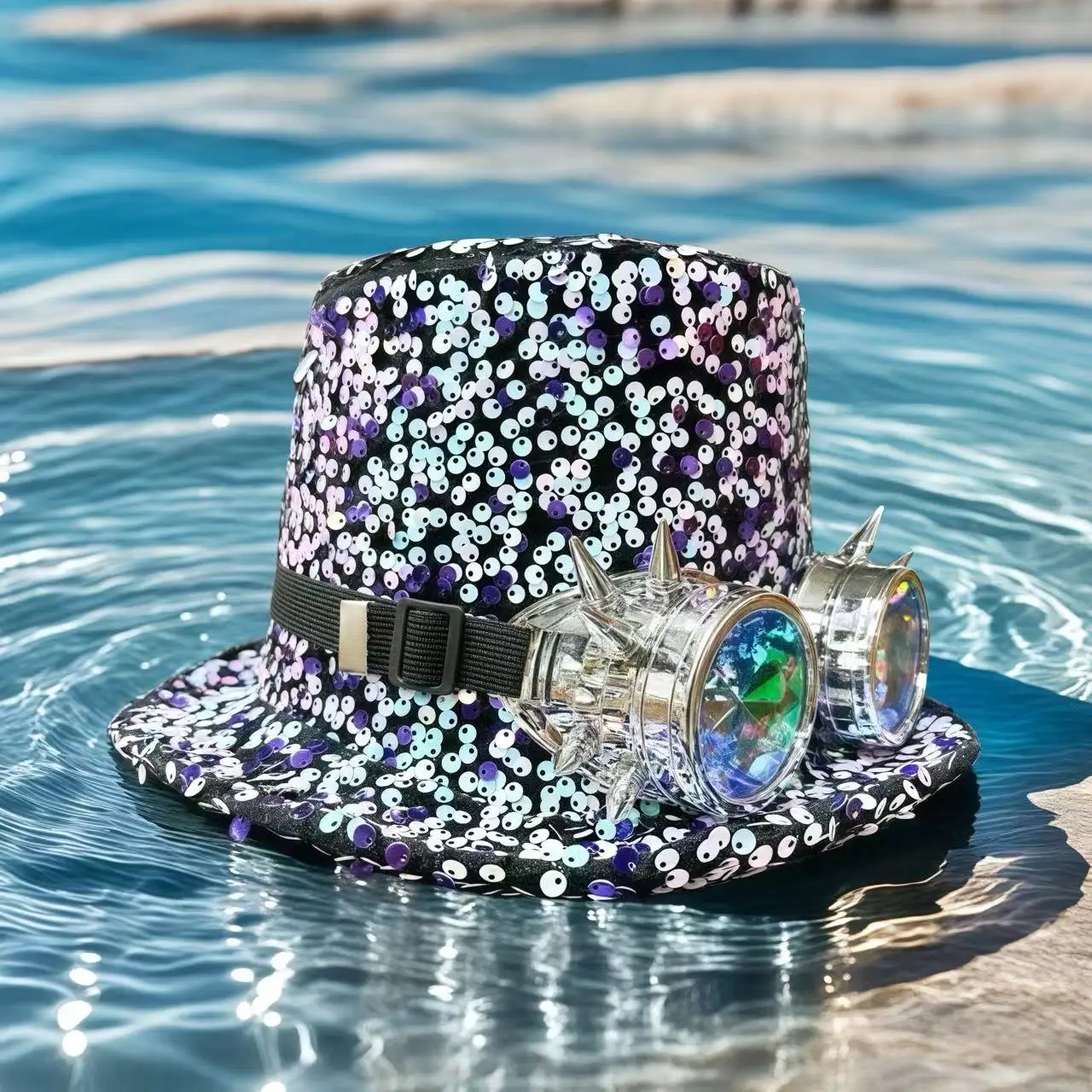 HongLuan Violette Steampunk-Zylinder für Herren, Pailletten-Festival-Zylinder für Damen mit Schutzbrille, Vintage-Burningman-Outfit für Damen – Detail 8
