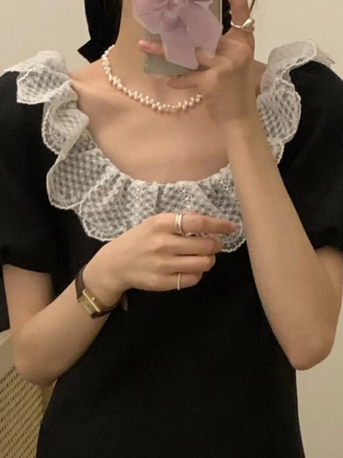 Chic Lace Trimmed Doll Collar Bubble Sve ort A-Line Dr Women's Faion Korean Sle High Waist ort Skirt Dr