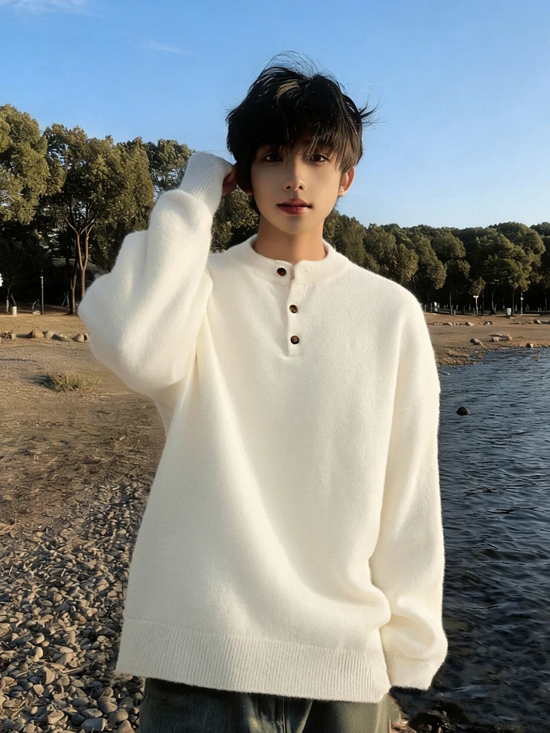 

Мужской вязаный свитер Cleanfit White Henry Collar: теплый базовый слой в американском стиле, молодежный трикотажный верх для зимы