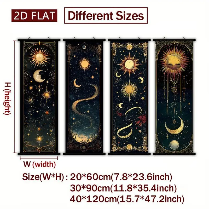 VIKAMA Celestial Sun Moon Wall Scroll Tapestry Black Gold Astrology Star Tarot Hanging Scroll Gothic Mystic Wall Art Decor