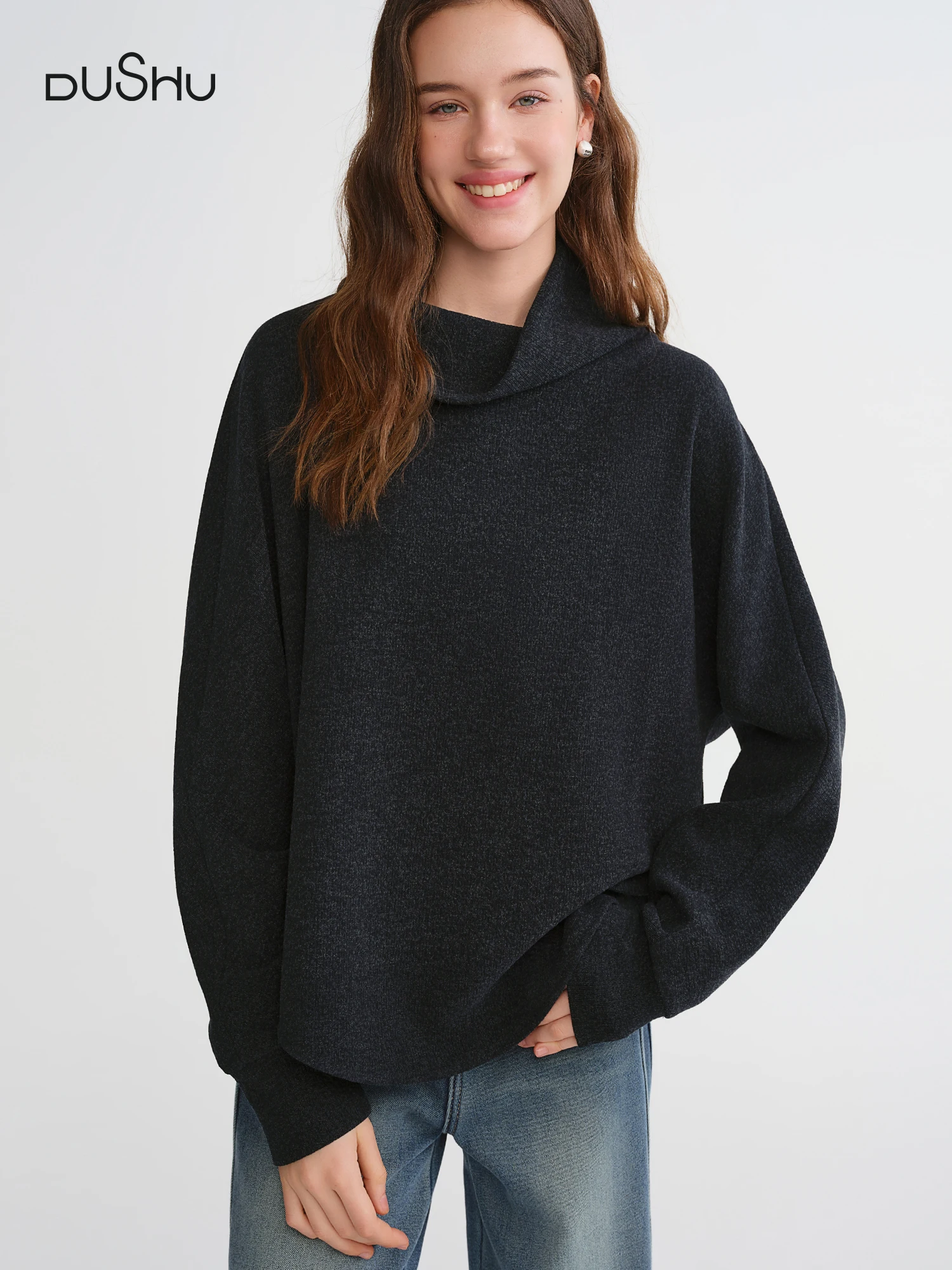 

DUSHU 2025 Зимняя женская водолазка с вязаным топом — свободный повседневный пуловер свободного покроя для повседневной внутренней и многослойной одежды