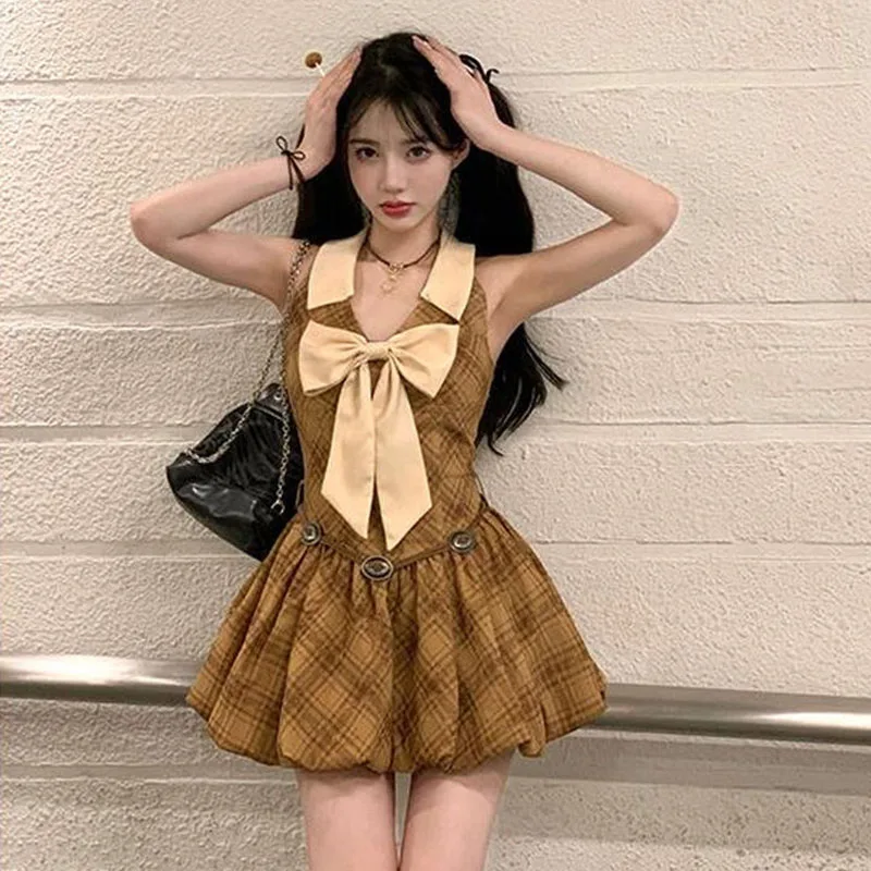 Süße Preppy Frauen Mini Kleid Sommer Mode Tunika Plaid Kleid Abnehmen Schmetterling Flauschigen Prinzessin Kleid Weibliche