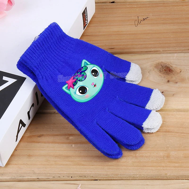 Kawaii Gabby's Dollhouse Knitted Gloves Cartoon Anime Touchable Screen Glove Winter Hand Warmth Five Finger Protective Equipment