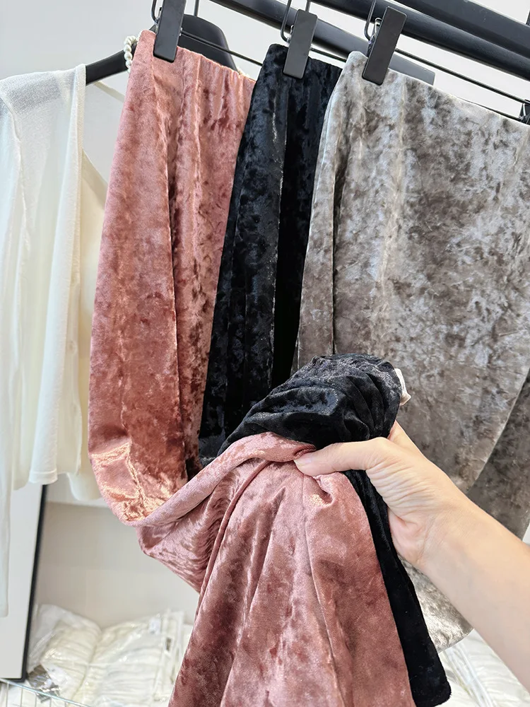 

Бархатная юбка-миди для женщин, мягкая бархатная юбка трапециевидной формы, элегантная блестящая ткань, эластичная высокая талия, осенне-зимняя мода