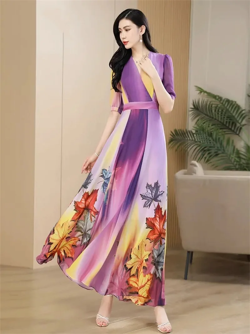 Purple Printed Dress For Women in the Summer of 2024 Chiffon Style Appears Slim Super Long Large Hem With a Delicate Ankle Skirt