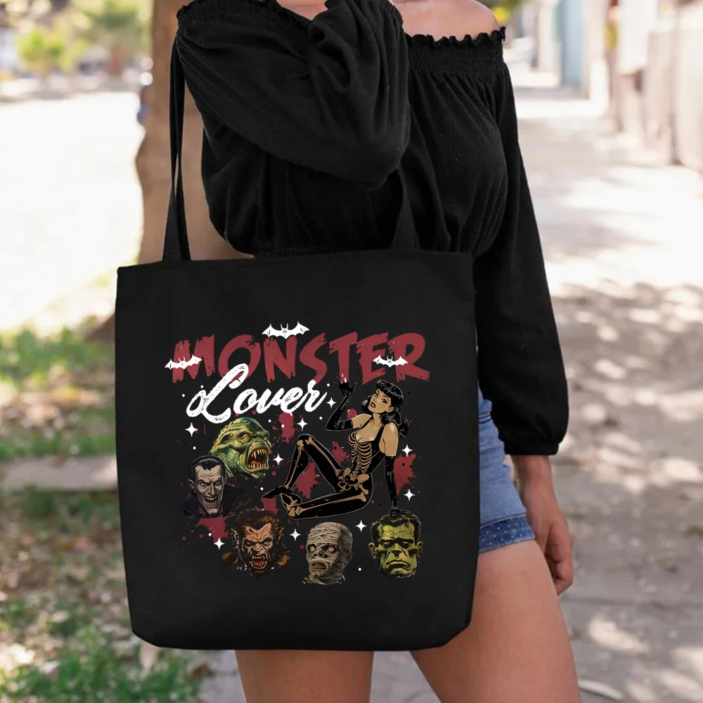 Monster Lover Halloween Tote Bag Monster Mash Horror Movie Canvas Women Bag Frankenstein Munster Witch Vampire Halloween Gift