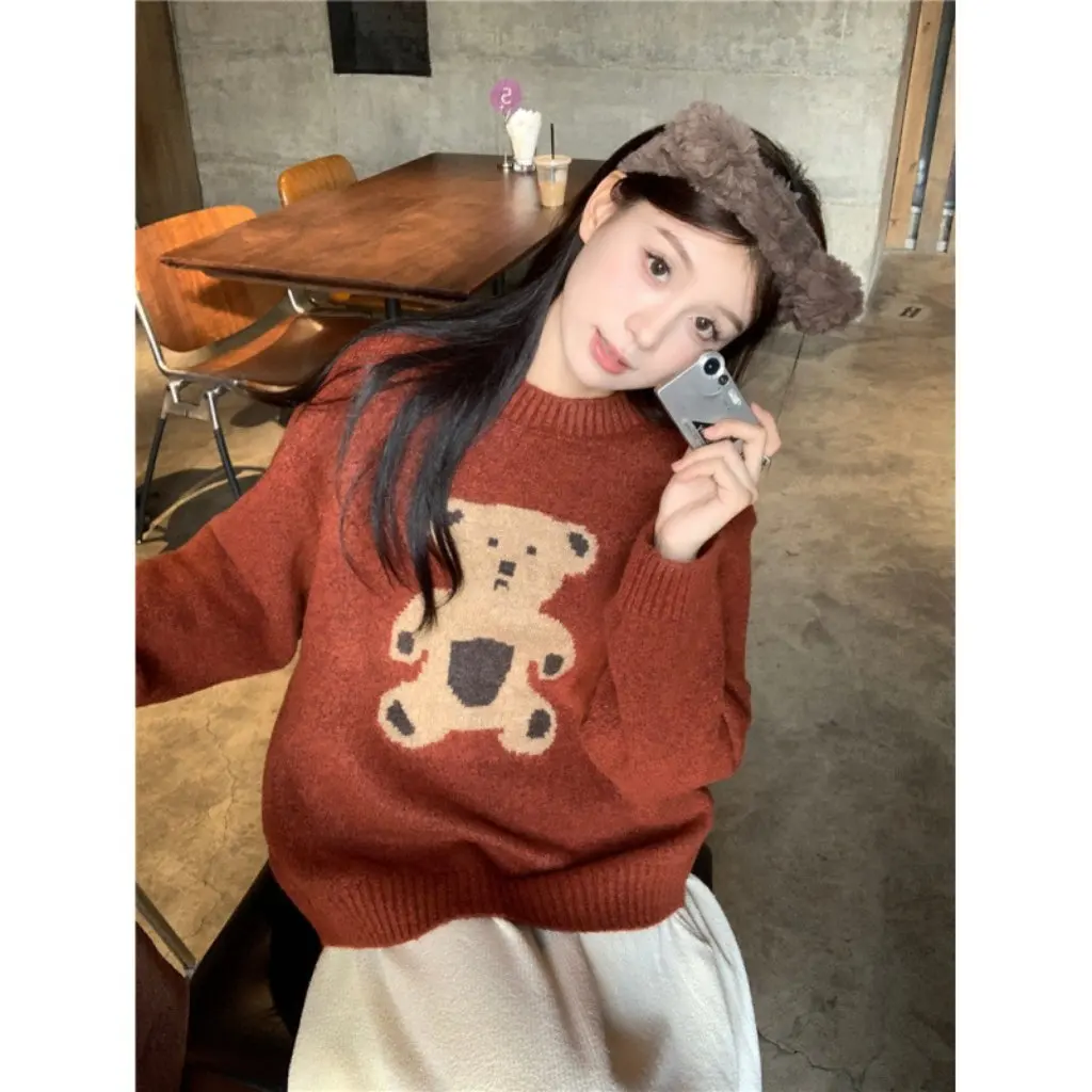 

PPHOME Cartoon Sweet Bear Sister Crewneck Christmas Sweater Women's Autumn Winter Loose Knitted Top Fashion Age-Reducing Style