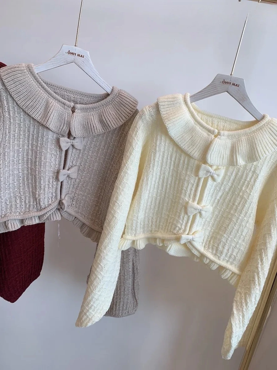 

Japanese Sweet Girl Cute Butterfly Button Short Sweater Autumn Ruffled Solid Color Long Sleeve Knitted Cardigan Jacket