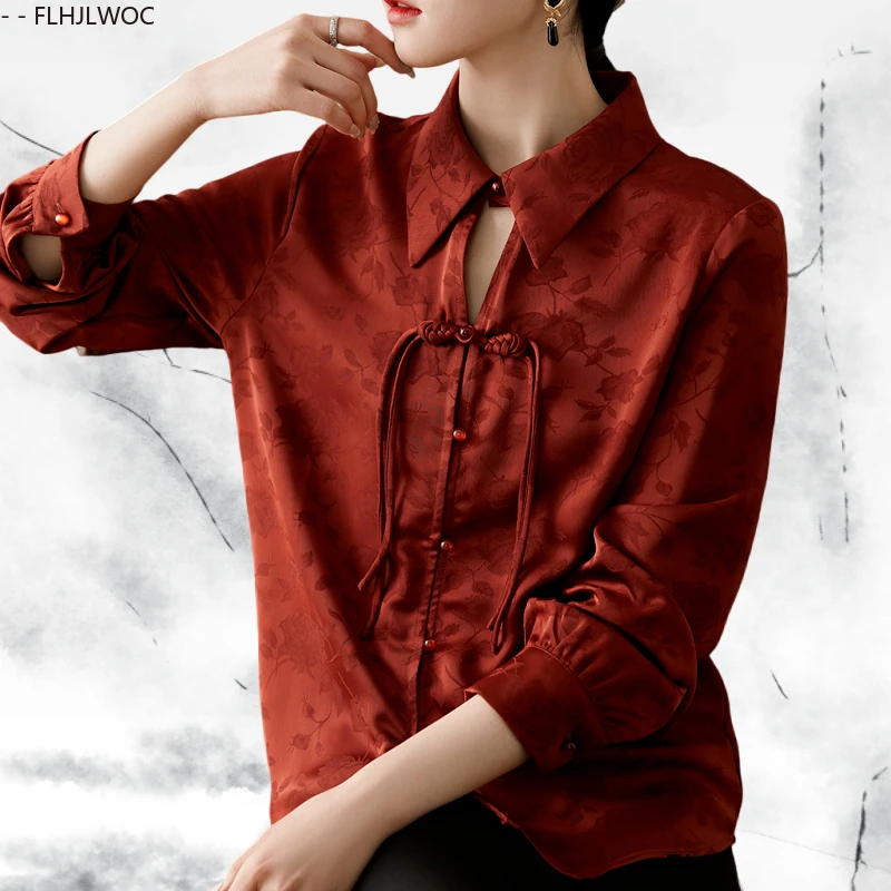 Hot Chinese Style Cheongsam Chi-pao Collar Red Tops 2025 Spring Women Date Girls Elegant Retro Basic Shirt Blouse Vintage