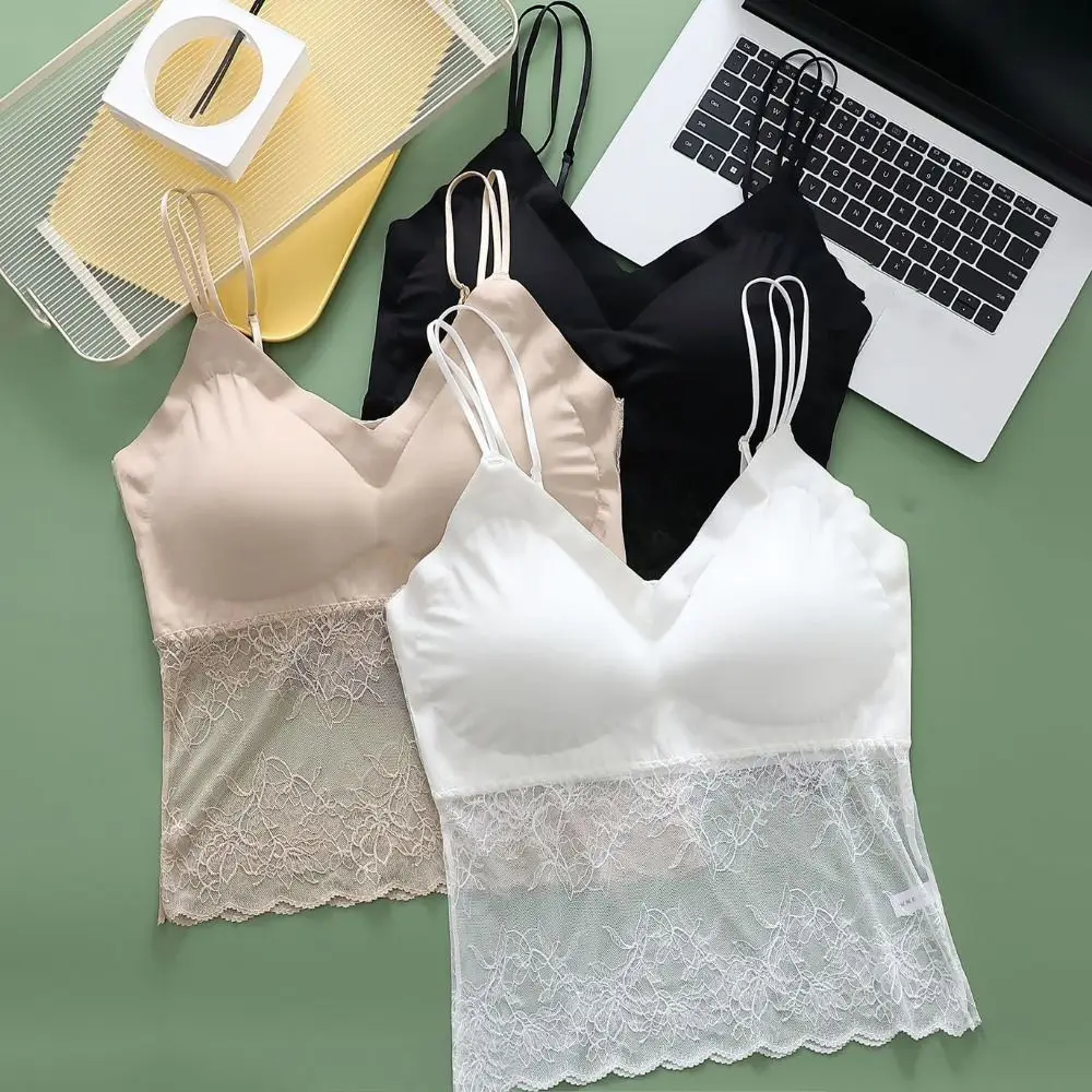 

Mesh Thin Lace Seamless Camisole Ice Silk Sleeveless Lace Crop Tops Slim Fit Undershirt Suspender Vest with Pads Spring Summer