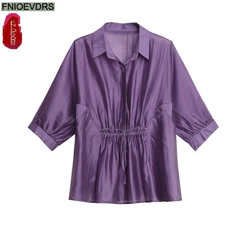 L-5XL Loose Clothes 2024 Summer Retro Button Tops Short Sleeve Women Tunic Fashion Purple Peplum Shirts Blouses