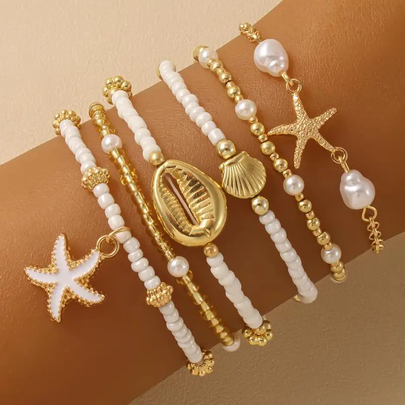6PCS Bohemian Shell Starfish Bead Bracelet Set For Women Fashion Summer Beach Multilayer Stacked Pearl Bracelets Party Jewelry