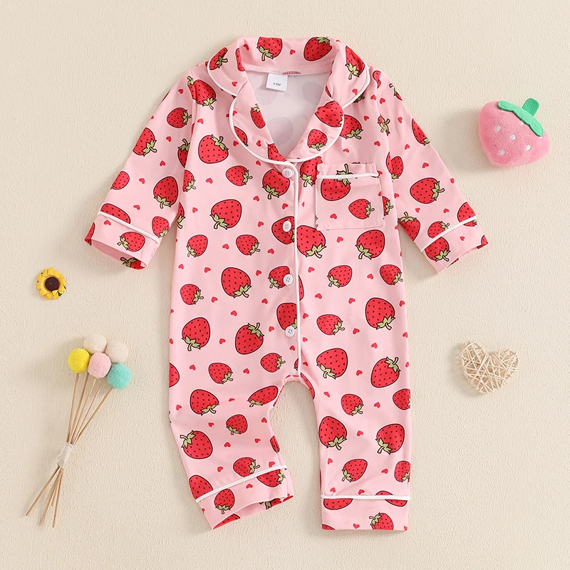 Baby Girl Fall Sleepwear Romper Cute Bow/Strawberry Print Button Down Long Sleeve Lapel Full Length Jumpsuit