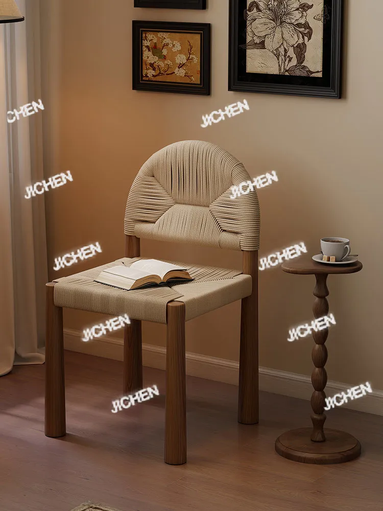

Wood Backrest Dining French Retro Homestay Rope Desk Chair Makeup Chair Balcony Leisure Chair