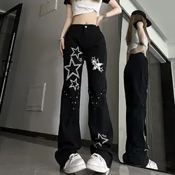 Denim Pants for Women High Waist Shot Star Bell Bottom Trousers Hippie Black Womens Jeans Cool Aesthetic Retro Fashion Casual Z