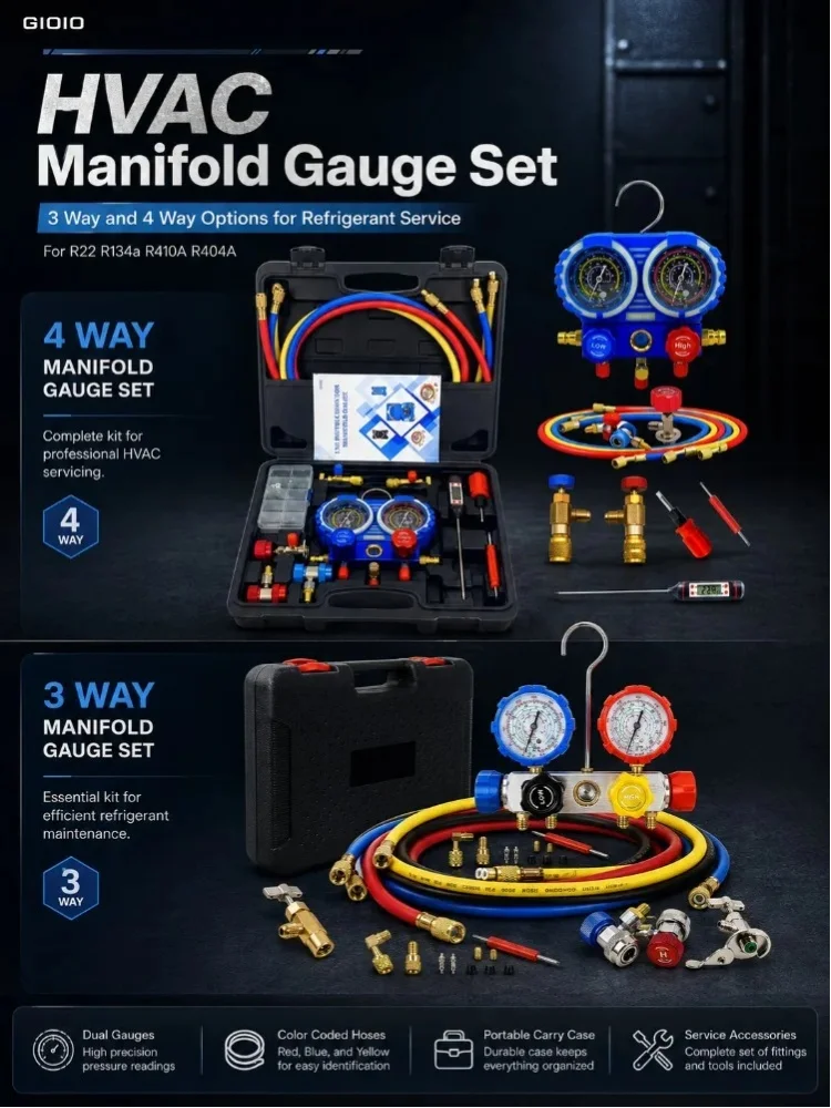 GIOIO Automotive AC-Manometer-Set 3-Wege 4-Wege R22 R134a R410A R404A Kältemittel-Füllmanometer-Kit Farbcodierte Schläuche Schnellkupplungen Messingadapter Tragekoffer für die Wartung und Reparatur