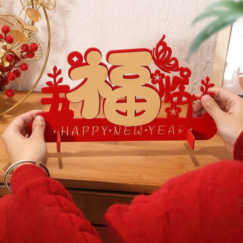 2025 Chinese New Year Ornaments Red Flocking Fu Character Desktop Cabinet Decoration for Traditional Spring Festival Home Decor