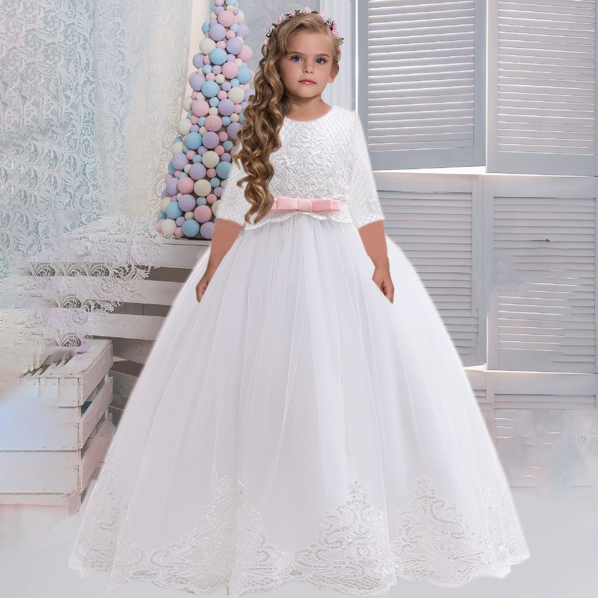 Elegant White Tulle Girls Dress Formal First Communion Princess Kids Party Dress For Girl Bow Wedding Bridemaid Evening Costume