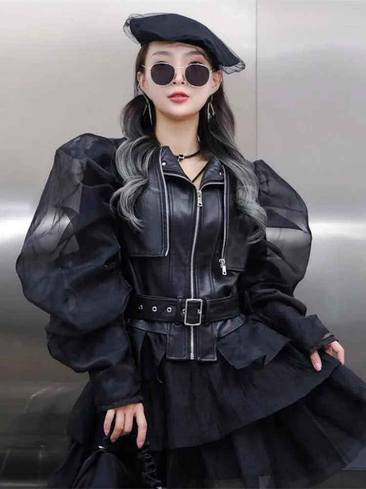 Jesienne patchworkowe kurtki dla kobiet O Neck Temperament Zipper Coats 2024 Ropa Mujer Fashion Korean Belt Outwear Tunic Crop Tops