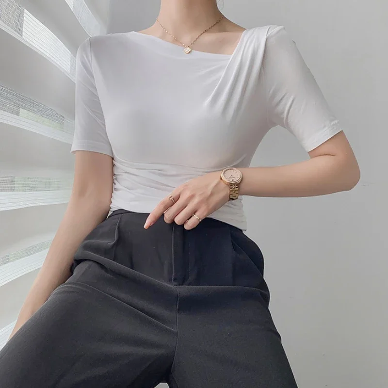 Women Basic Cotton Short Sleeve Slim Elastic T-shirts New Fashion Skew Collar Folds Tops Ladies Elegant Summer Sexy Tee Shirt