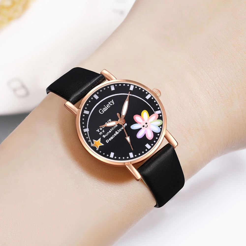 GAIETY Couple Simple Style Flower Element Dial Watch Casual Fashion Quartz Watch Is The Perfect Gift For Her (No Box)