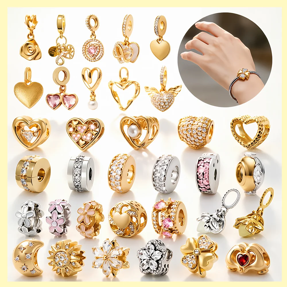 

Hot-Selling DIY Romantic Heart & Charms Flower Sparkling Charms Bead Fit Multi-type Snake Bone Bracelet Holiday Jewelry Gifts
