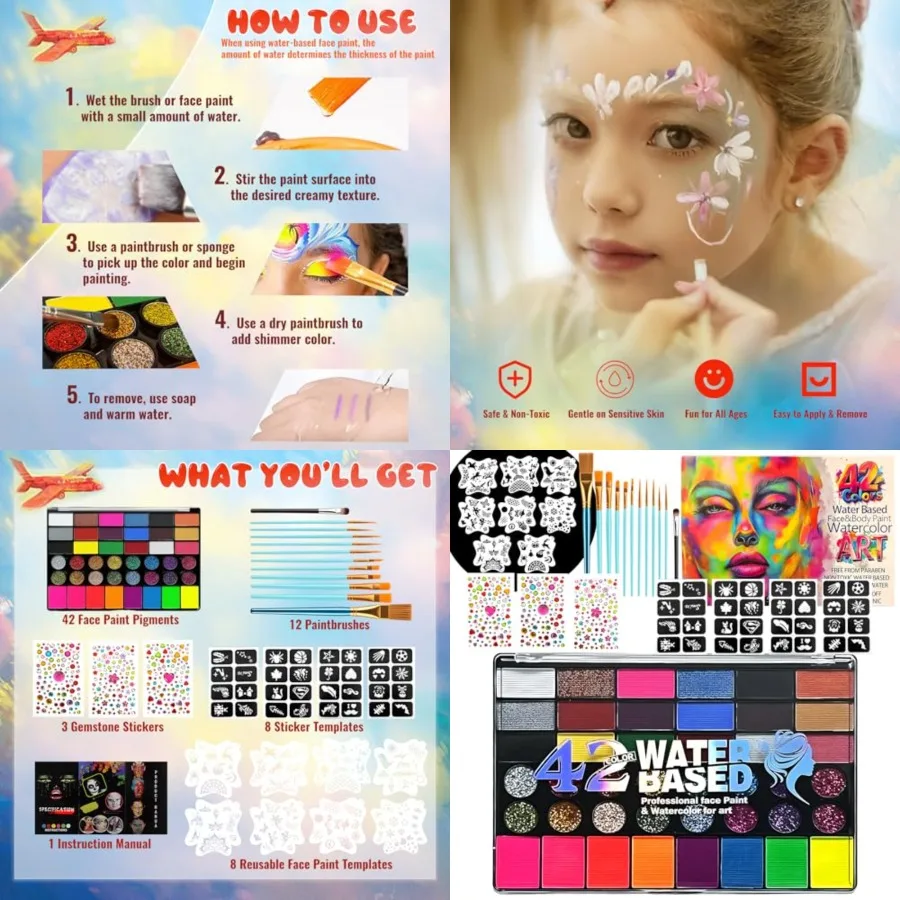

Набор для рисования на лице из 42 цветов: нетоксичная водная палитра для макияжа с трафаретами, кистями и стразами – идеально для