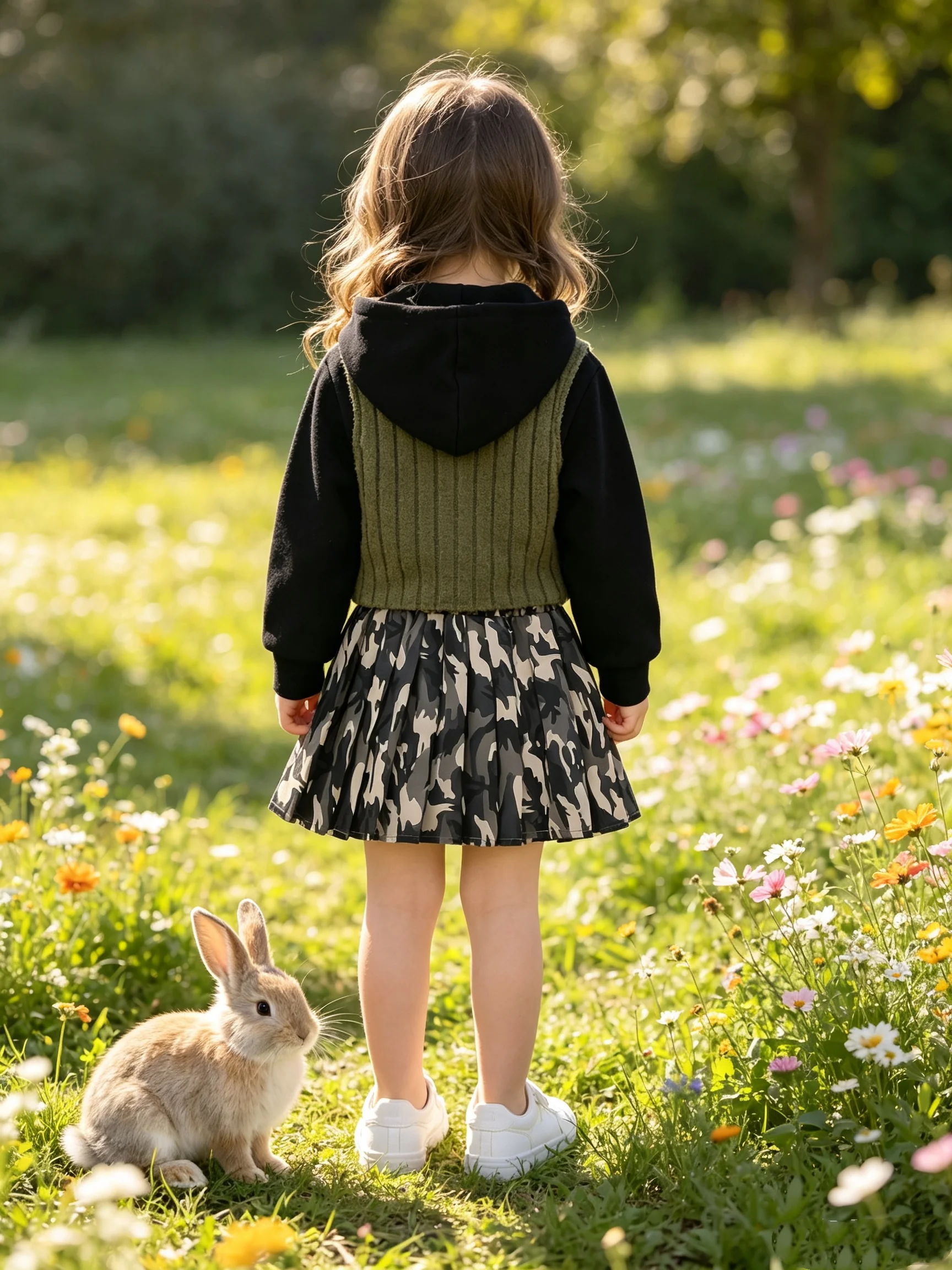 Three Piece Spring And Autumn Style Girls' Sweet Cool American Street Style Hoodie Vest Camouflage Pleated Skirt Set