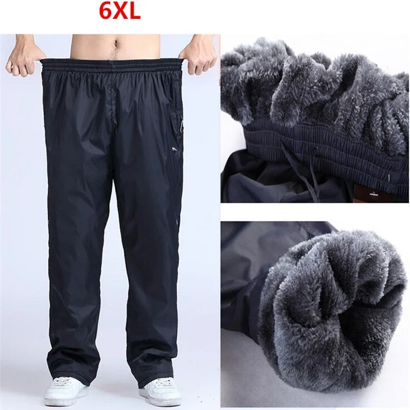 

4XL 5XL 6XL Men Winter Waterproof Pants Sweatpants Trousers with Zipper Pockets Baggy Fleece Super Warm Pants Sportswear for Men