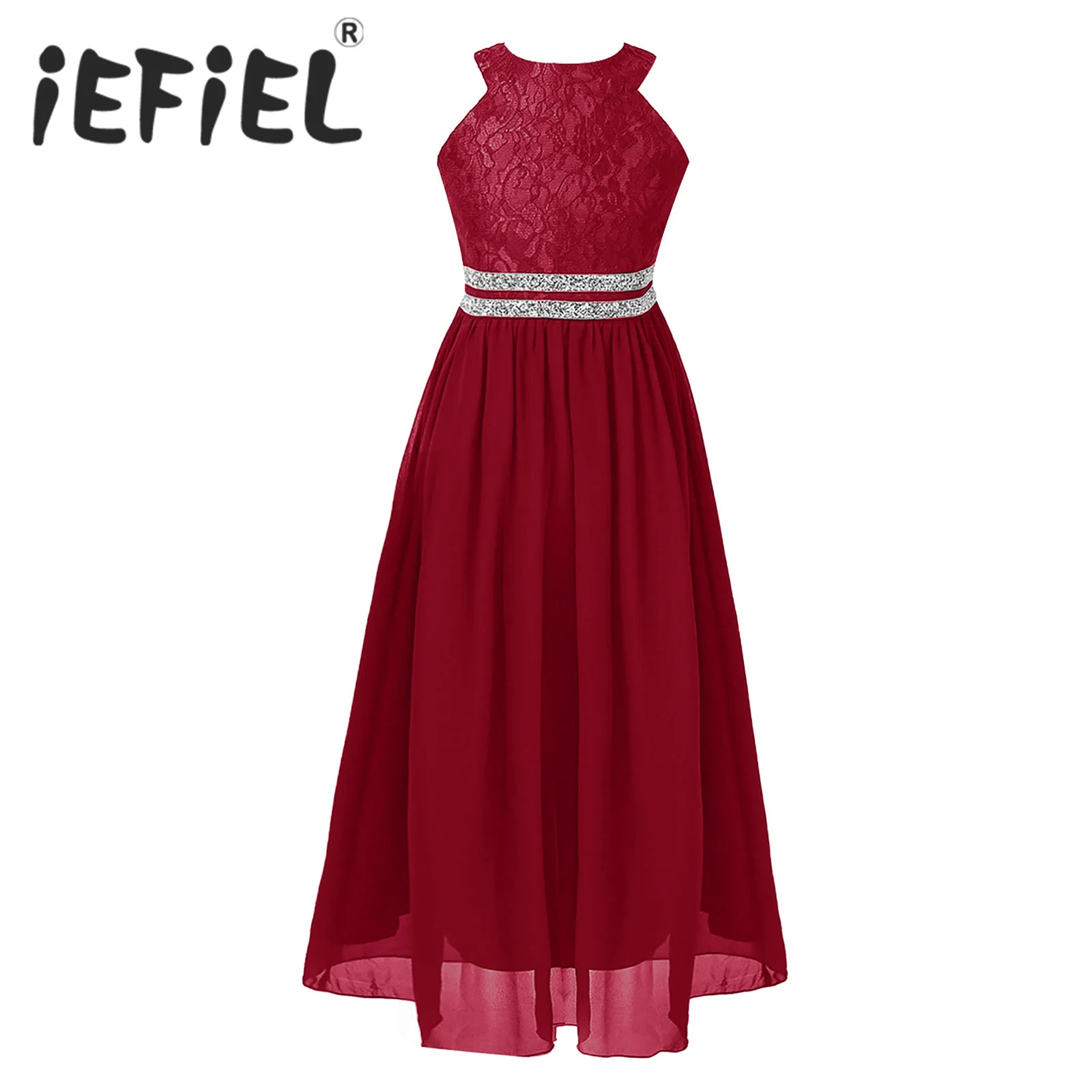 

iEFiEL Flower Girls Dress Kids Teenager Wedding Birthday Children Halter Neck Lace Dress for First Communion Formal Occasion