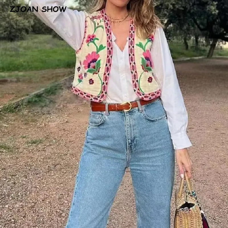 Women Ethnic Embroidery Flower Open Stitching WaistCoat Ladies National Style Vest Jacket Outfits Casual Vacation Crop Top