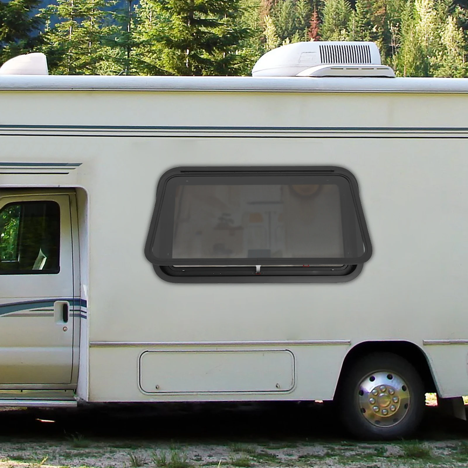 نافذة خروج تخييم زجاجية مستطيلة مقاس 36 × 20 بوصة حديثة مع حلقة تقليم 30-40 ° زاوية الفتح مع قضيب الدعم #2