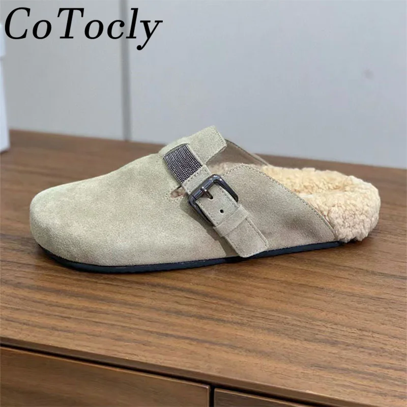 

New Cow Suede Thick Sole Slippers Women Round Toe String Bead Metal Buckle Flat Shoes Woman Winter Wool Warm Slippers Woman