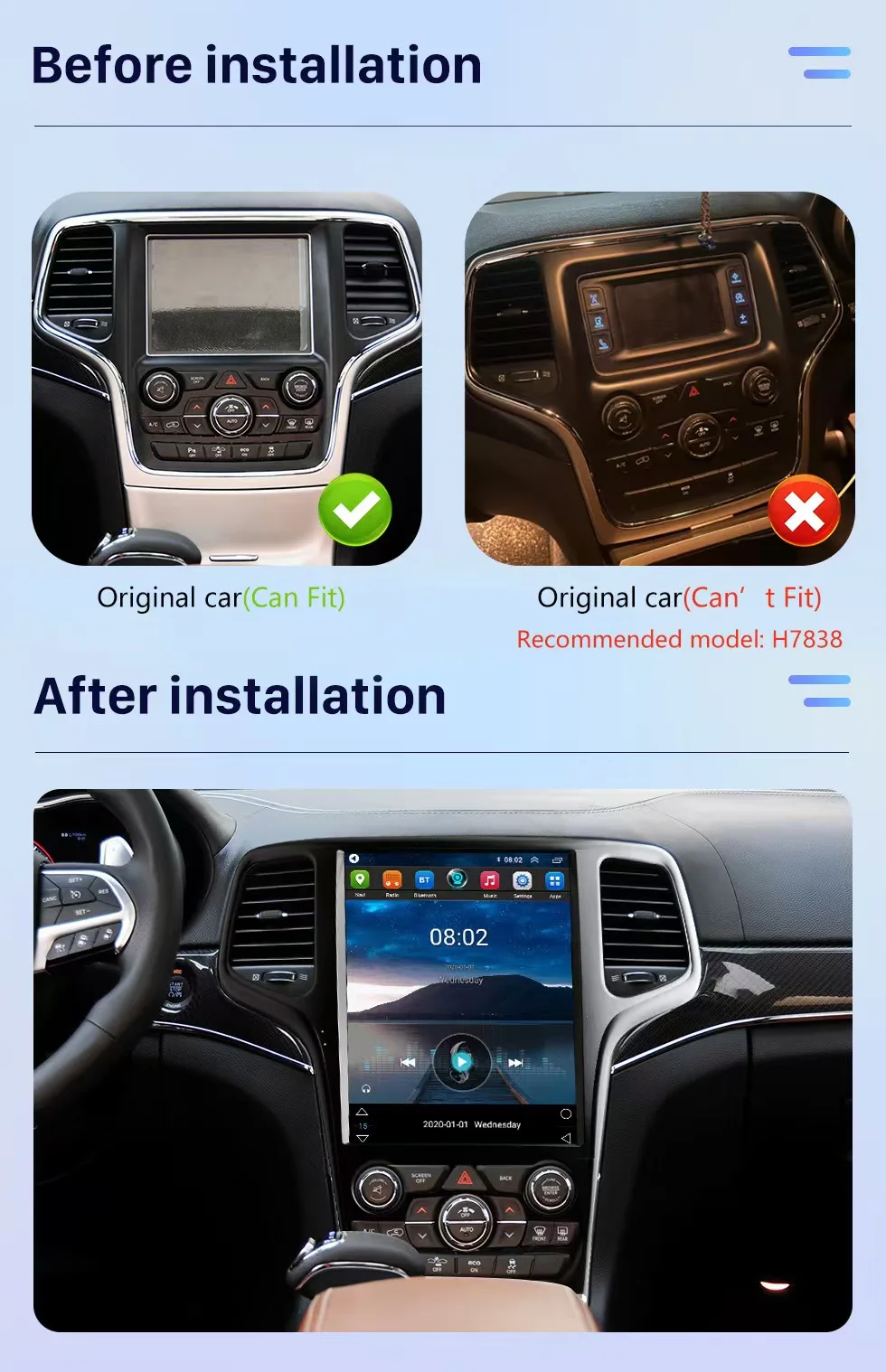 

12.1 inch Vertical Screen Car Multimedia Video Player GPS Navigation Head Unit For Grand cherokee 2014 -2020Car Stereo Radio