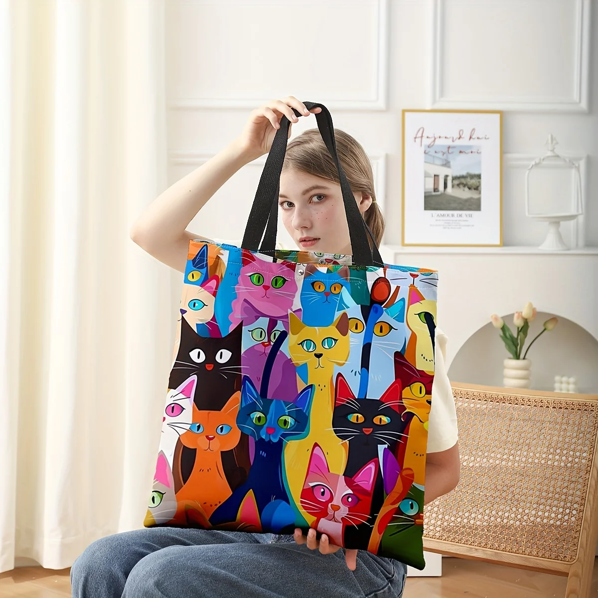 Colorful kitten printed casual handbag, reusable fashionable backpack, multifunctional handbag, printed canvas shopping bag