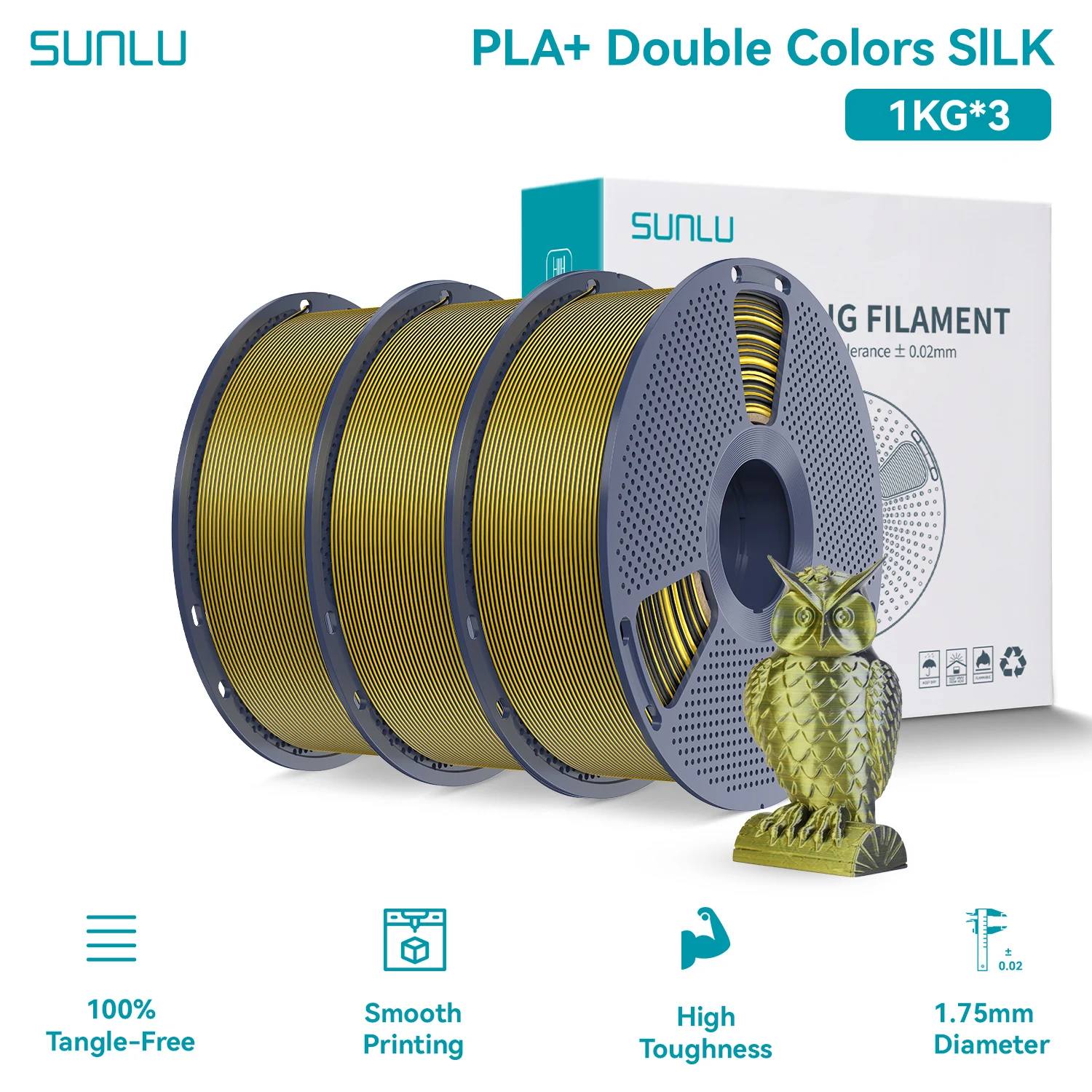 SUNLU Silk PLA PLUS 3D Filament 1.75mm Dubbele Kleuren Zijde Texturen PLA+ Verloopkleuren Filament voor de Meeste FDM 3D Printers 3KG