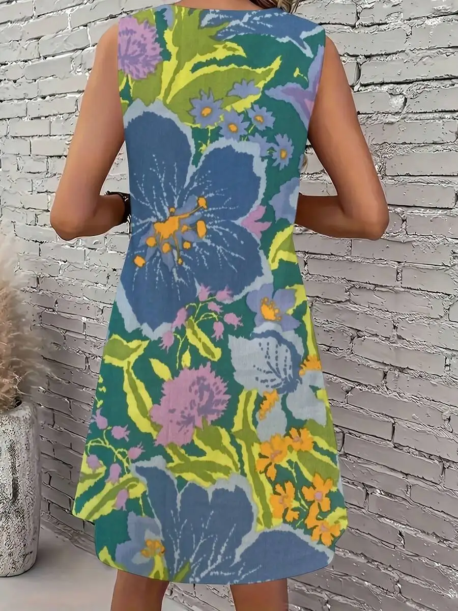 

Womens Floral Print Sleeveless A-Line Dress Round Neck Casual Summer Lightweight Breathable