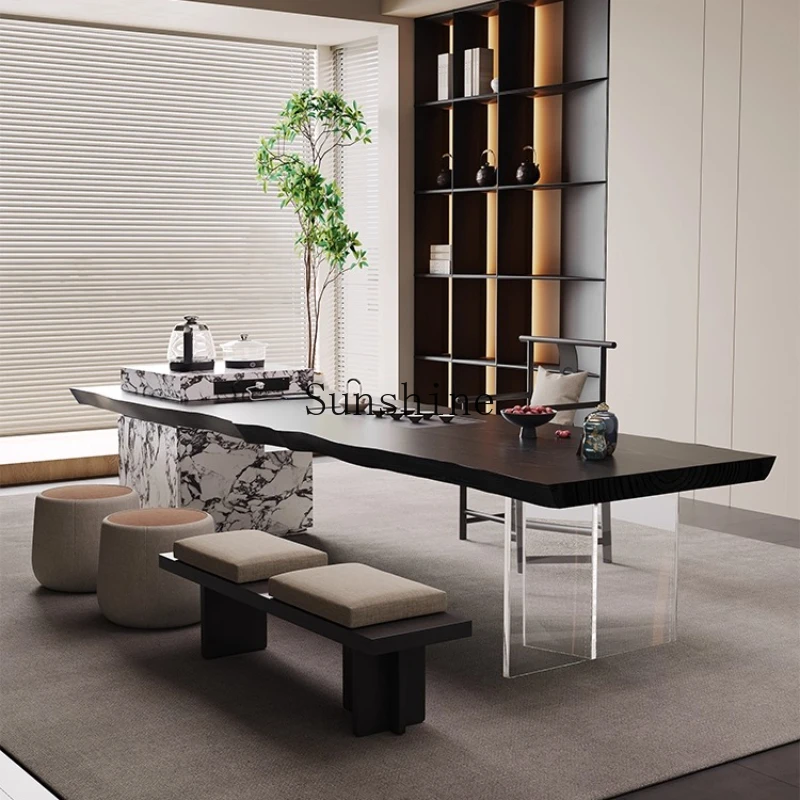 

Solid wood large board tea table and chair living room home design, office, light luxury modern high-end sense