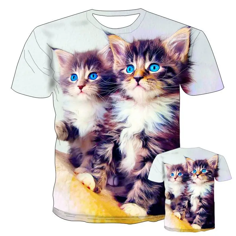 New Summer Fashion Cool T-shirt Men/girls Kids 3d Cute Animal Cat Print Sporty Breathable Lightweight Fitness Sports Top