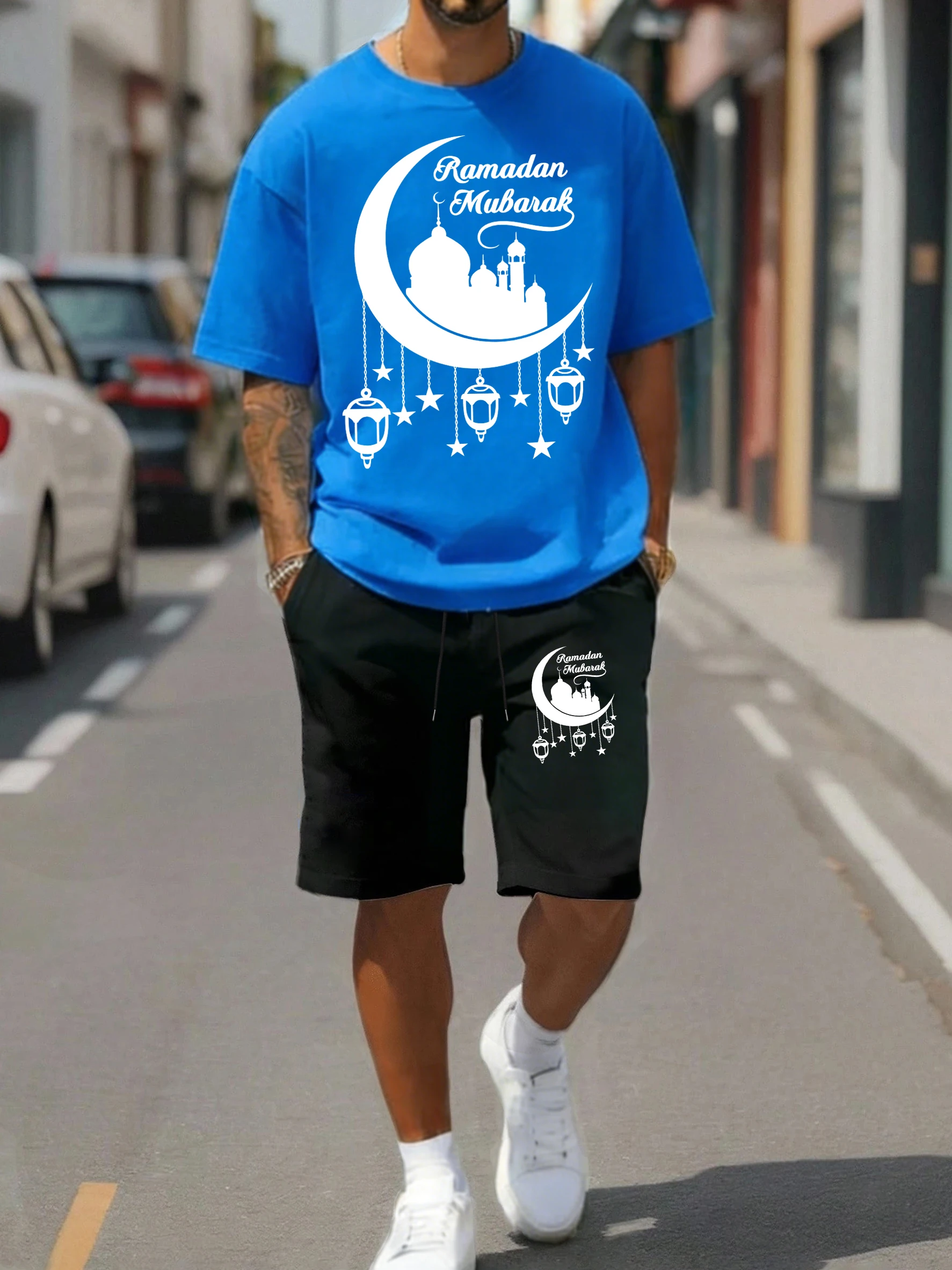 

Ramadan Mubarak Moon Design Sportsuit Men Summer O-Neck Cotton Tee Drawstring Shorts Set Unisex Fashion Cotton Streetwear