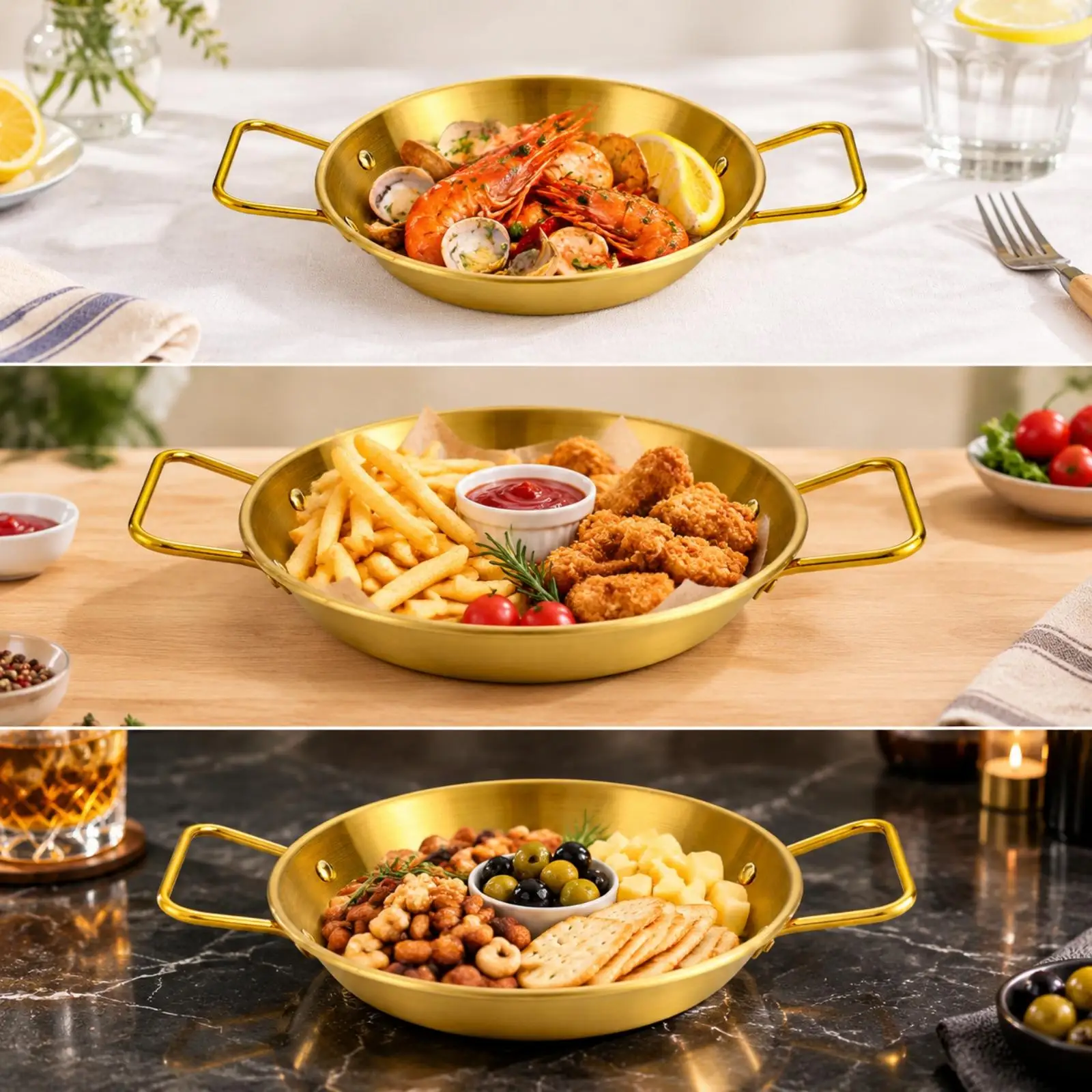 Stainless Steel Seafood Serving Plate Gold Finish Low Profile Round Tray with Loop Handles for Appetizer Display