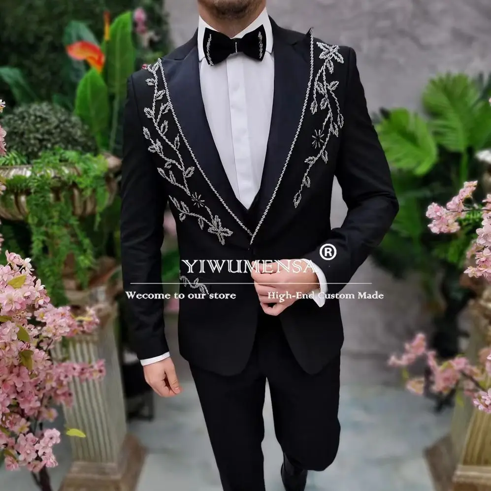 

Royal Men's Suits For Wedding Slim Fit Sliver Beaded Jacket Vest Pants 3 Pieces Formal Groom Tuxedos Customized Man Clothing