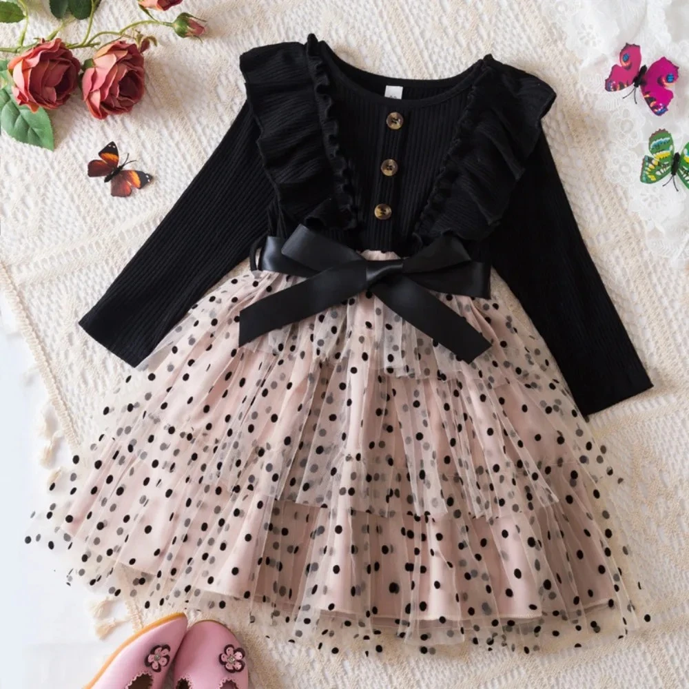 

Autumn Fashion New Splicing Girls Dresses Long Sleeved Bow Decoration Children's Clothing Dot Printed Kids Casual Dress